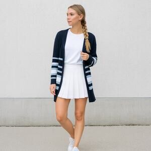 Anthropologie Iwie navy and blue striped knit open front cardigan S